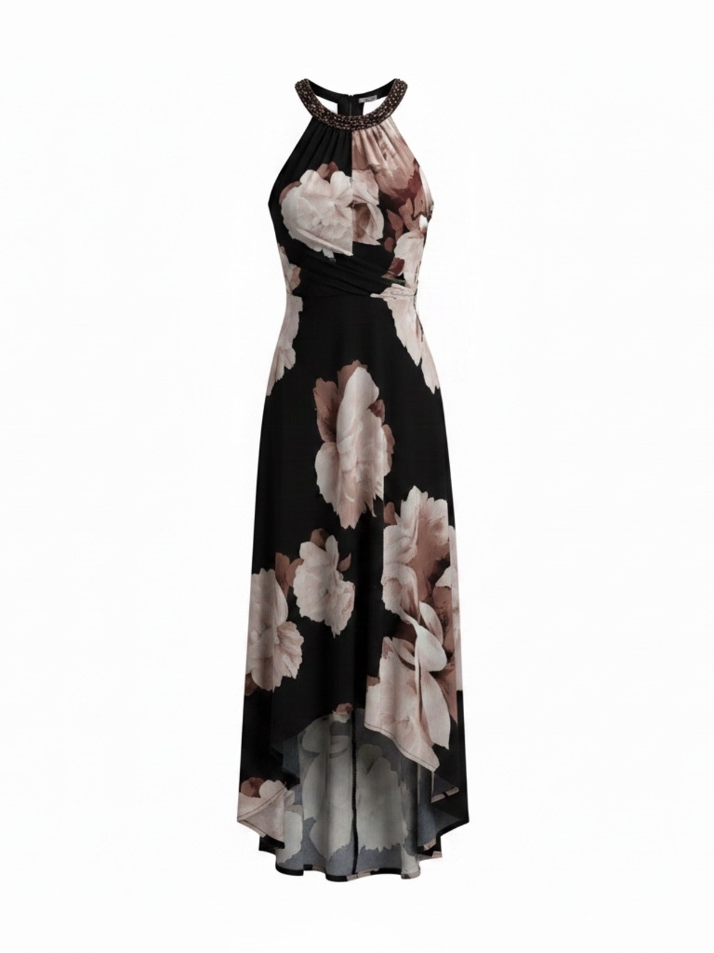 SLNY Black Halter High-Low Dress with Blush Floral Print